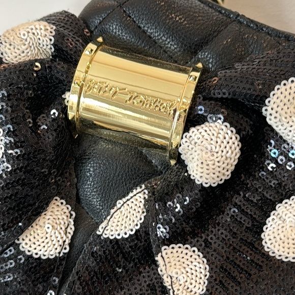 Betsy Johnson Large Black Quilted Sequin Polka Dot Bow Tote Bag - Picture 3 of 14